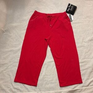 NWT Onque Casuals Red‎ Drawstring Pants woman’s L 95% cotton embelished